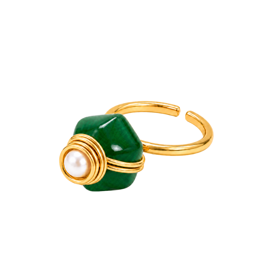 Anel Pitanga Ouro Ajustável com Jade Verde
