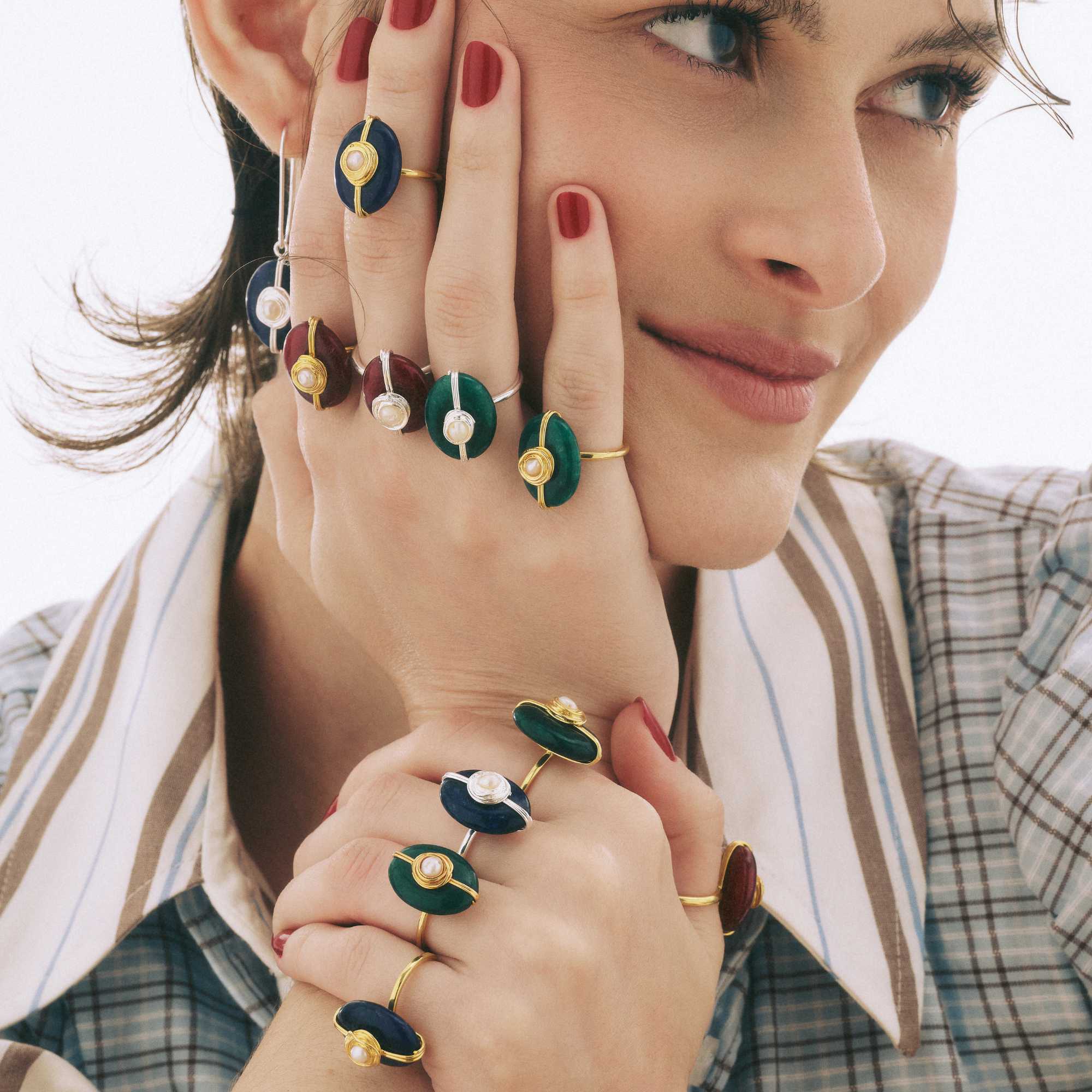 Anel Ciclo Prata Ajustável com Jade Verde