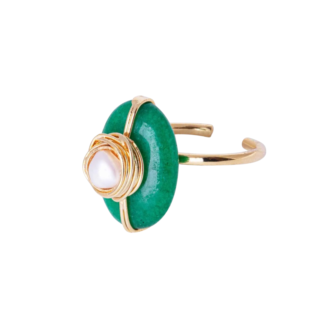 Anel Ciclo Ouro Ajustável com Jade Verde