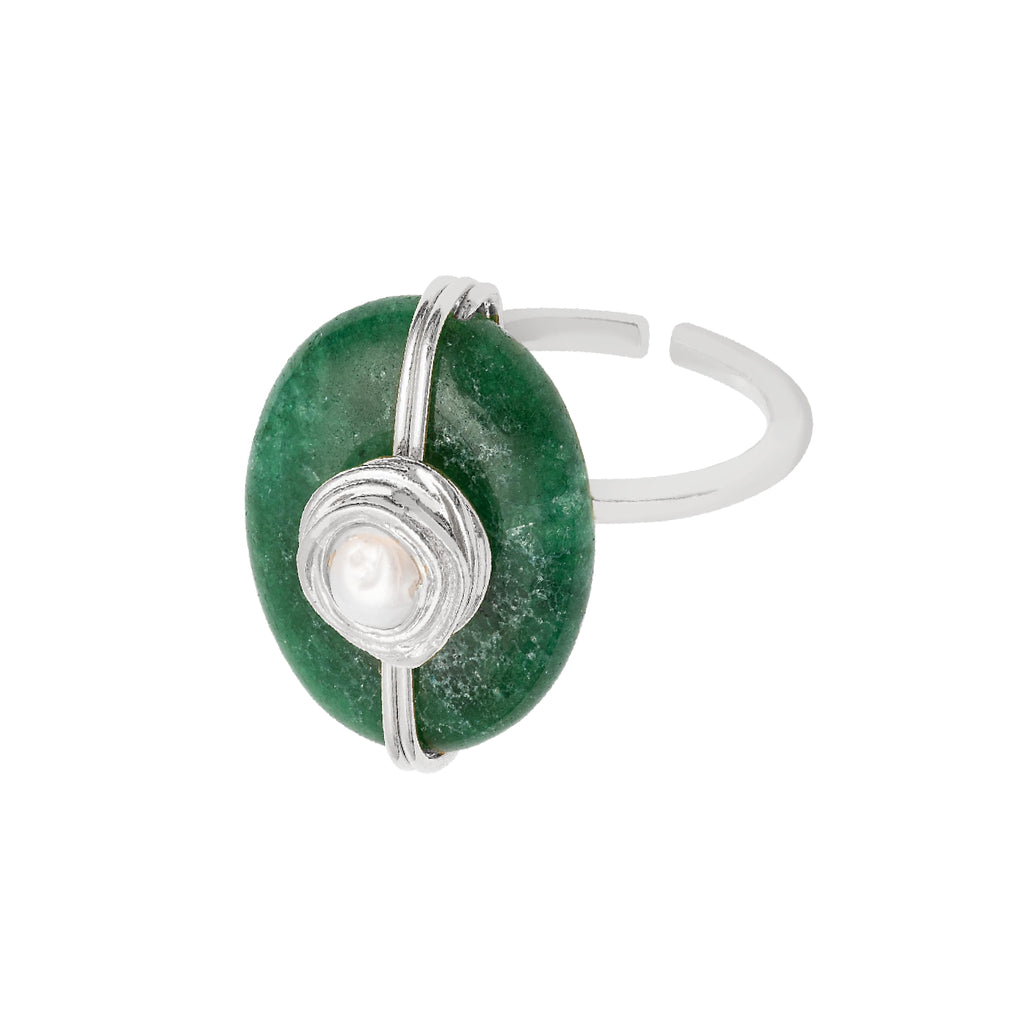 Anel Ciclo Prata Ajustável com Jade Verde