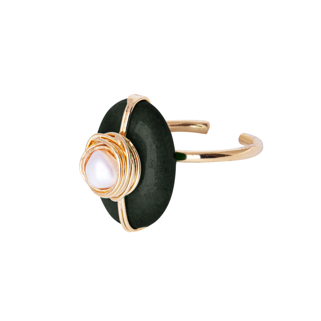 Anel Ciclo Ouro Ajustável com Ágata Preta