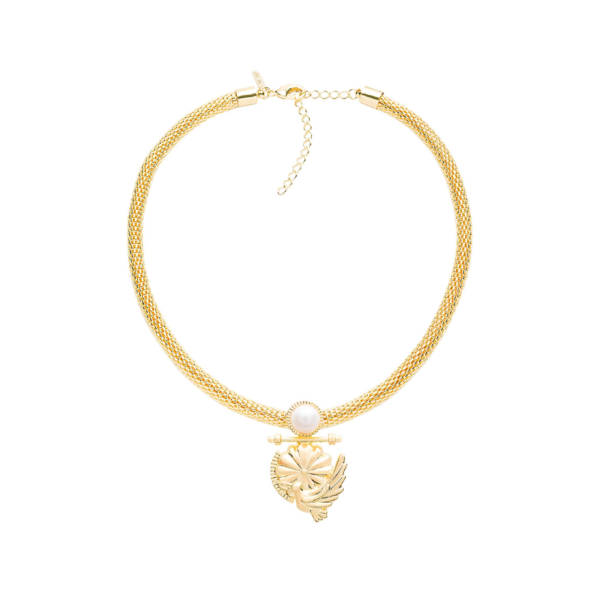 Colar Corrente Medalha Beija-Flor Ouro com Pérola