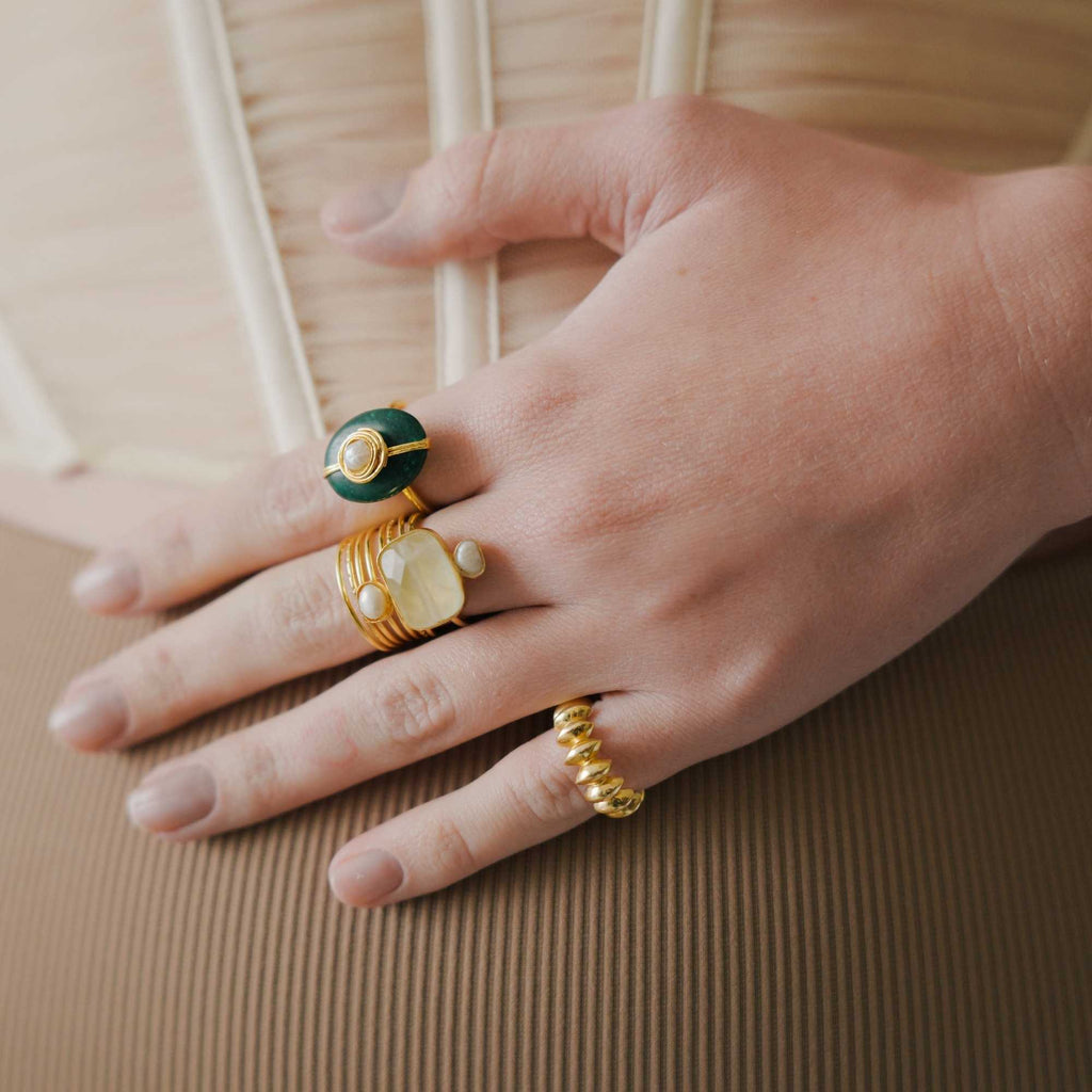 Anel Alba Ouro Ajustável com Prehnita