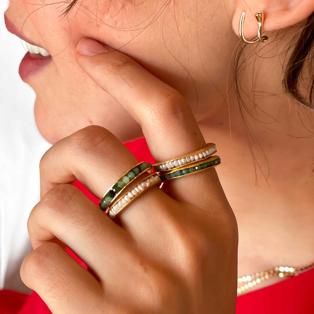 Anel Bruma Ouro Ajustável com Pérolas