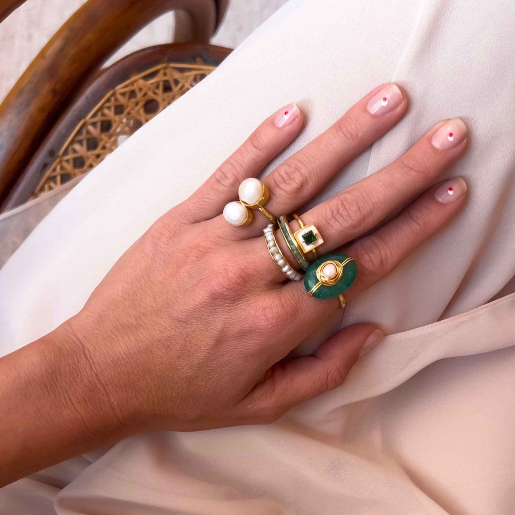 Anel Bruma Ouro Ajustável com Pérolas