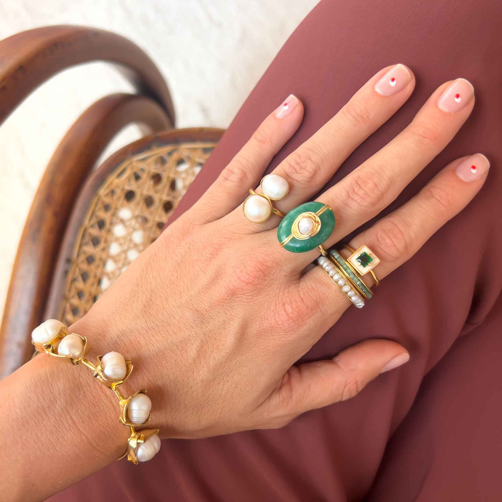 Anel Bruma Ouro Ajustável com Pérolas