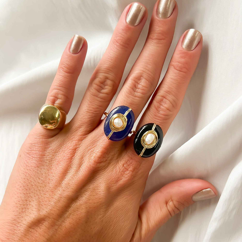 Anel Ciclo Ouro Ajustável com Ágata Preta