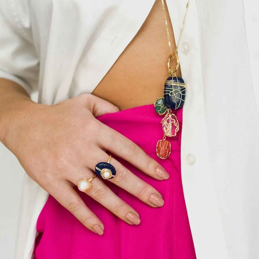 Anel Ciclo Ouro Ajustável com Jade Safira