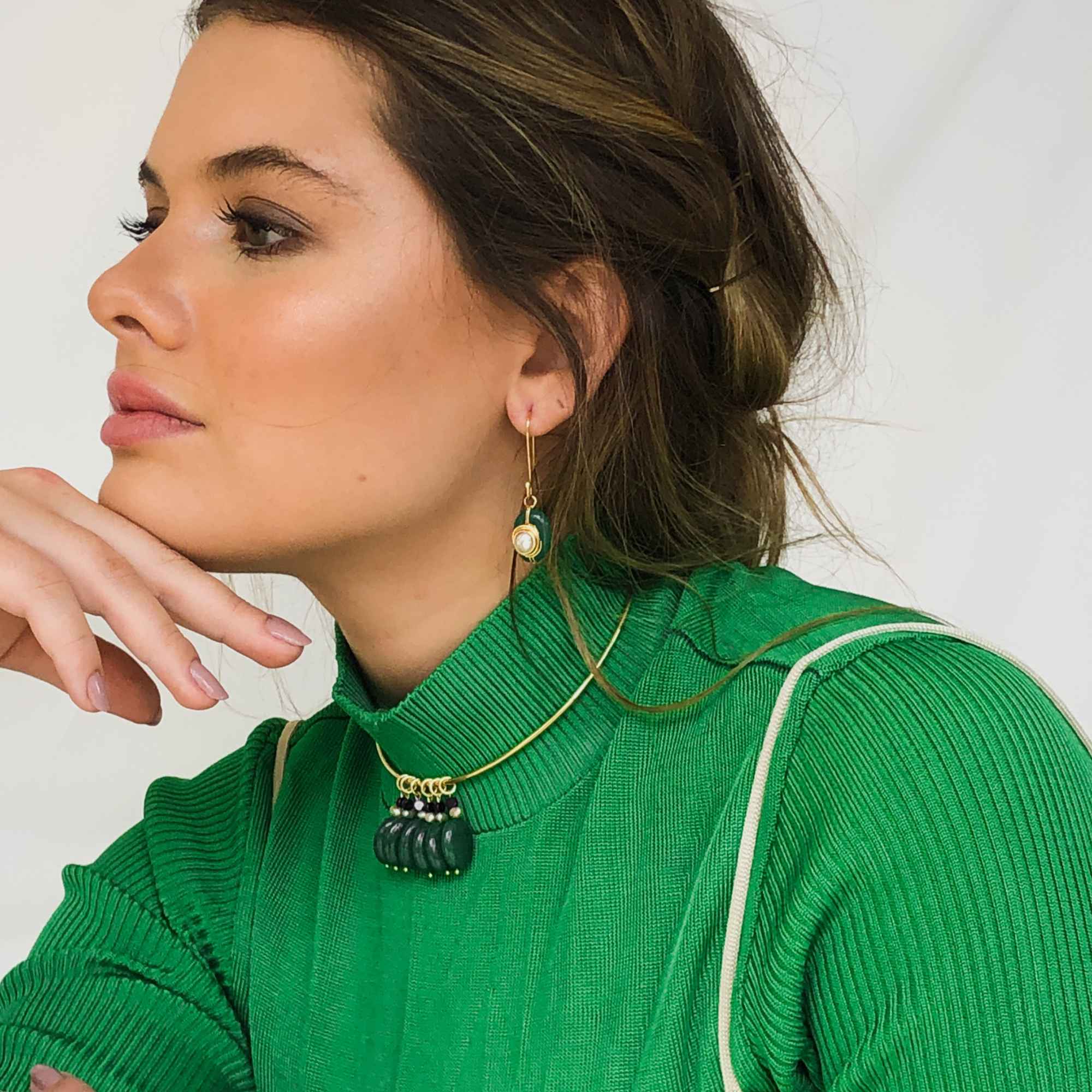 Brinco Pendente Ciclo Ouro de Jade Verde